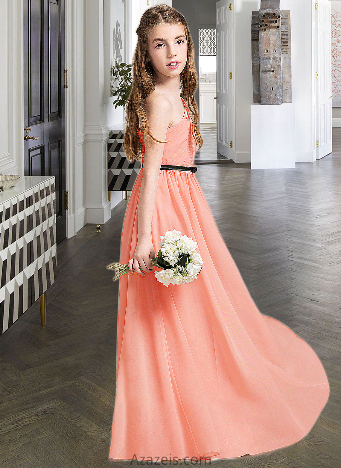 Ainsley A-Line One-Shoulder Floor-Length Chiffon Junior Bridesmaid Dress With Ruffle Bow(s) DFP0013570