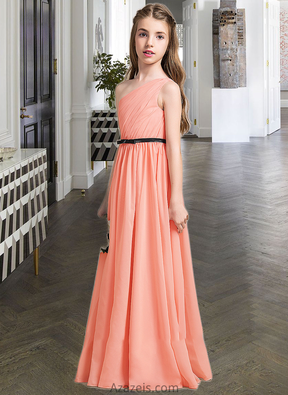 Ainsley A-Line One-Shoulder Floor-Length Chiffon Junior Bridesmaid Dress With Ruffle Bow(s) DFP0013570