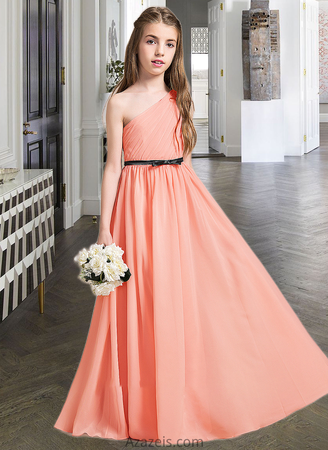 Ainsley A-Line One-Shoulder Floor-Length Chiffon Junior Bridesmaid Dress With Ruffle Bow(s) DFP0013570