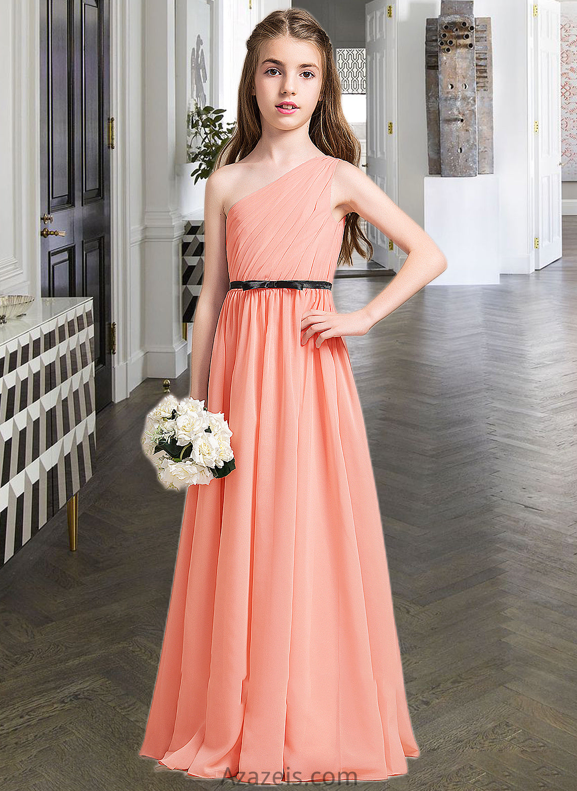 Ainsley A-Line One-Shoulder Floor-Length Chiffon Junior Bridesmaid Dress With Ruffle Bow(s) DFP0013570