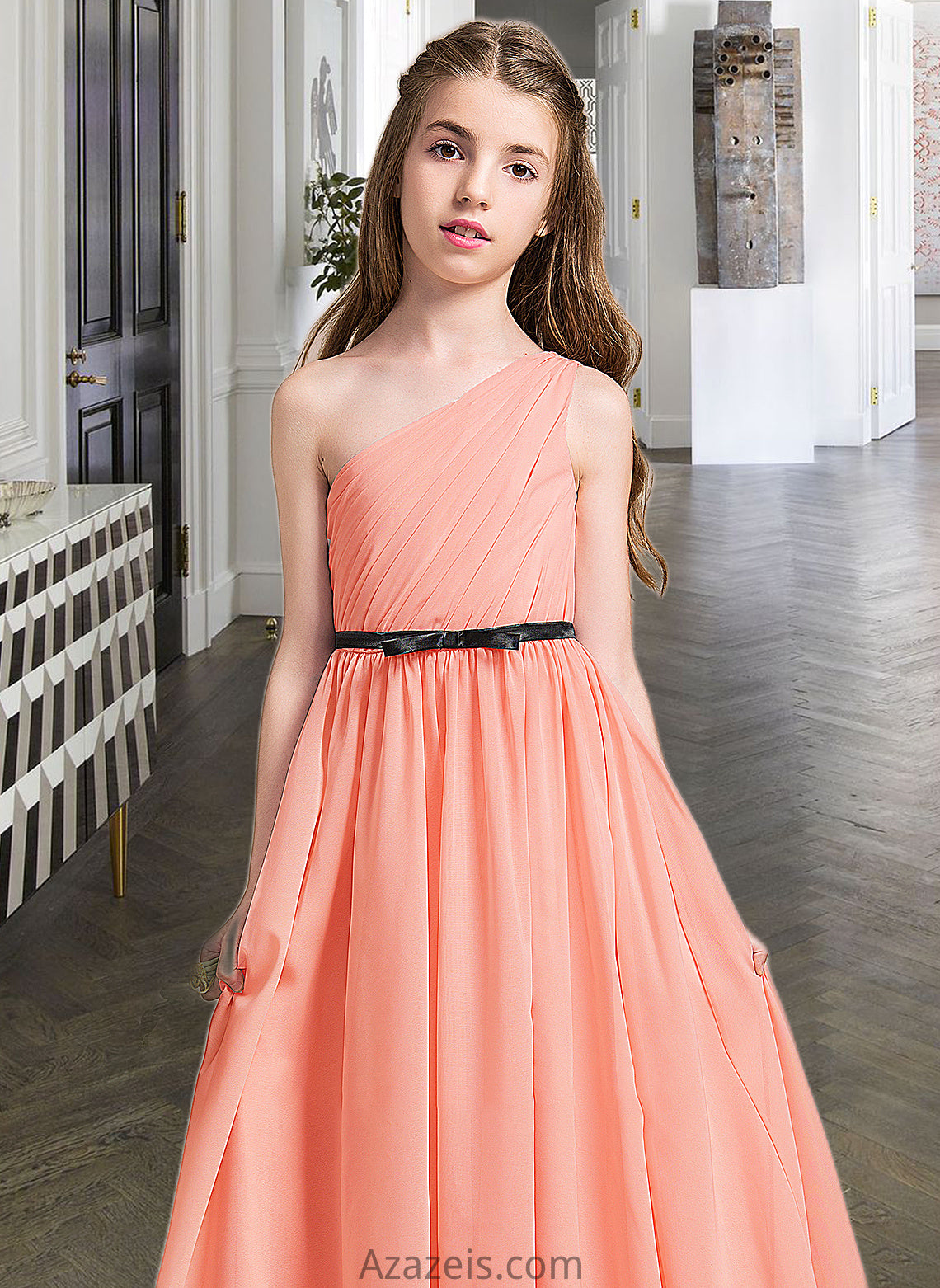 Ainsley A-Line One-Shoulder Floor-Length Chiffon Junior Bridesmaid Dress With Ruffle Bow(s) DFP0013570