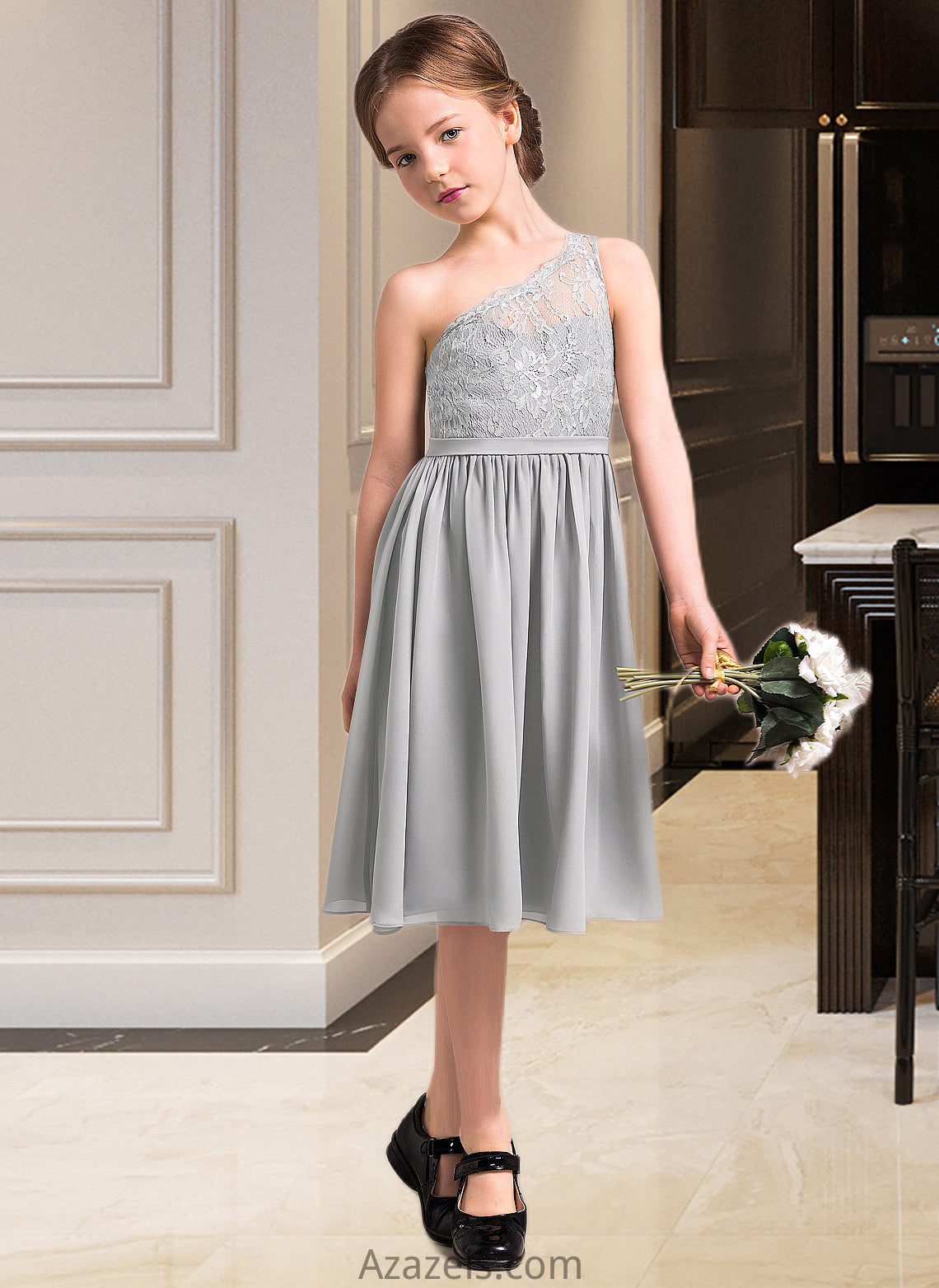 Jaslyn A-Line One-Shoulder Knee-Length Chiffon Lace Junior Bridesmaid Dress DFP0013571