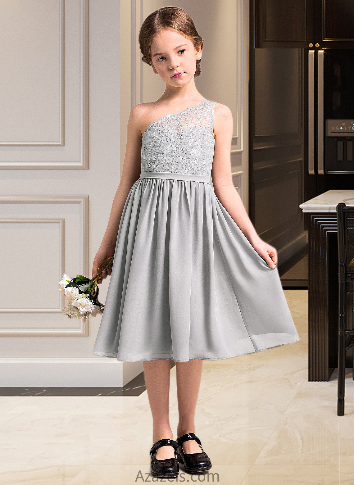 Jaslyn A-Line One-Shoulder Knee-Length Chiffon Lace Junior Bridesmaid Dress DFP0013571