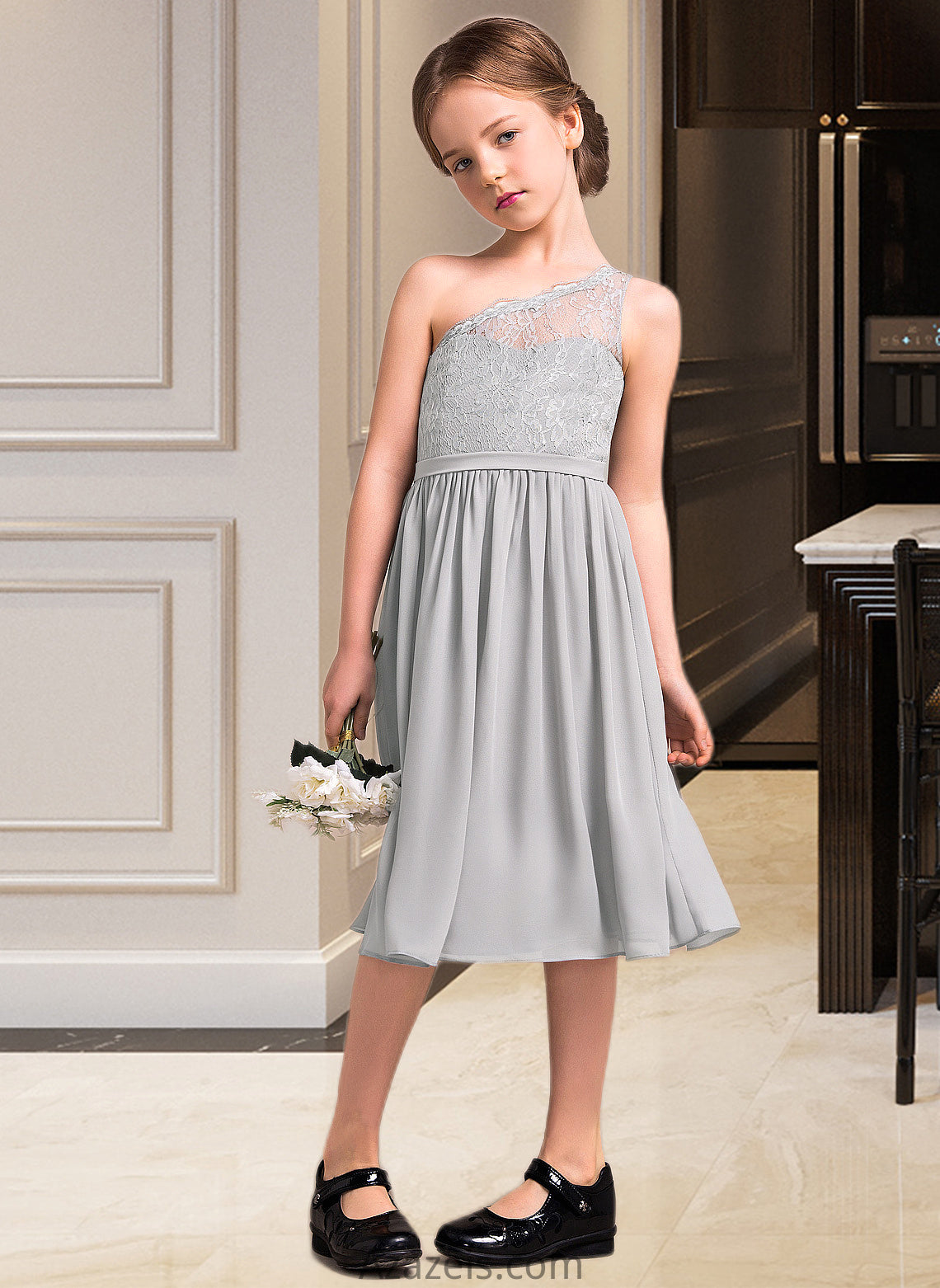 Jaslyn A-Line One-Shoulder Knee-Length Chiffon Lace Junior Bridesmaid Dress DFP0013571