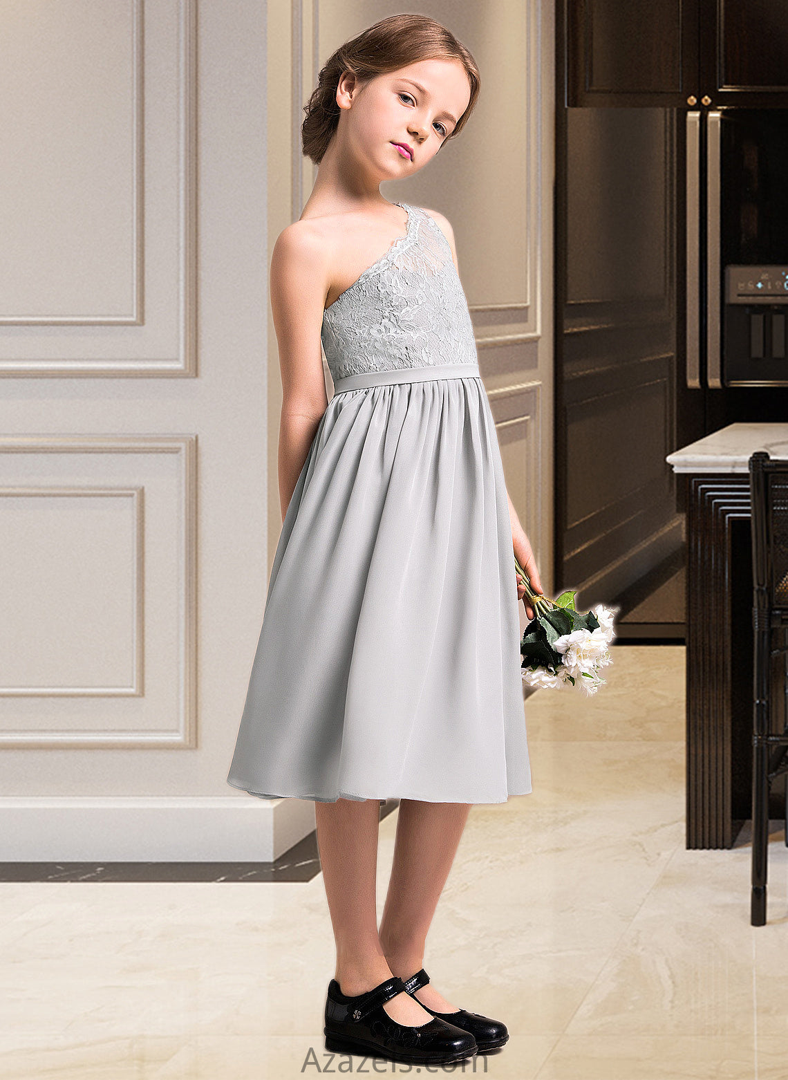 Jaslyn A-Line One-Shoulder Knee-Length Chiffon Lace Junior Bridesmaid Dress DFP0013571