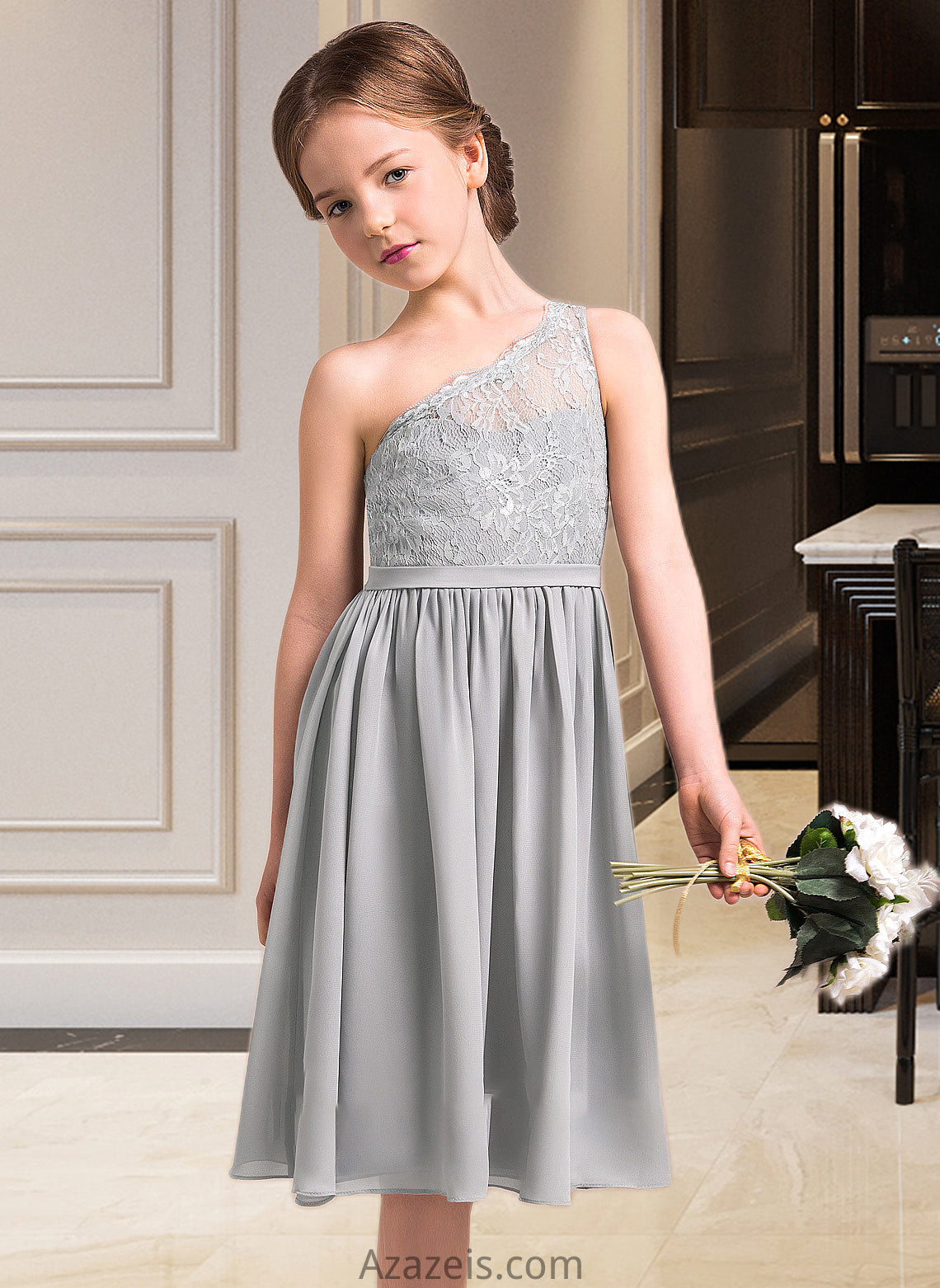 Jaslyn A-Line One-Shoulder Knee-Length Chiffon Lace Junior Bridesmaid Dress DFP0013571