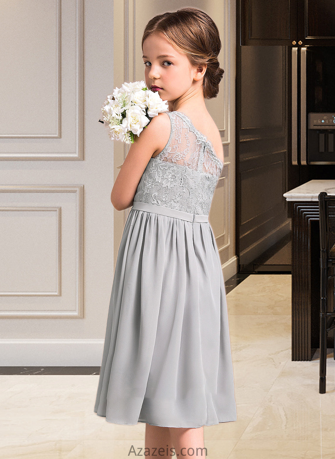 Jaslyn A-Line One-Shoulder Knee-Length Chiffon Lace Junior Bridesmaid Dress DFP0013571