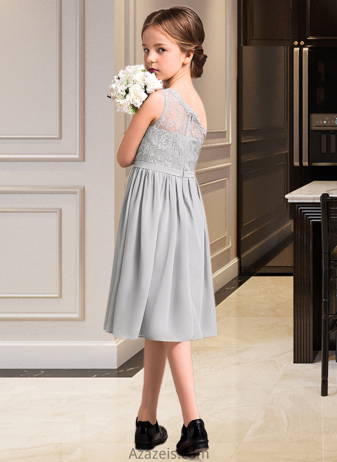 Jaslyn A-Line One-Shoulder Knee-Length Chiffon Lace Junior Bridesmaid Dress DFP0013571