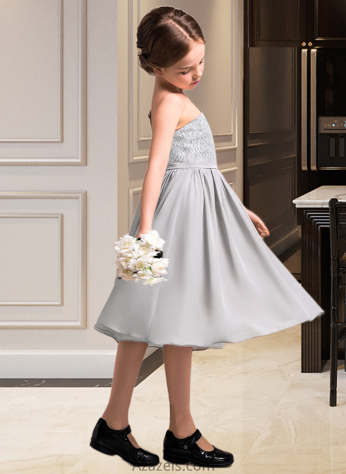 Jaslyn A-Line One-Shoulder Knee-Length Chiffon Lace Junior Bridesmaid Dress DFP0013571