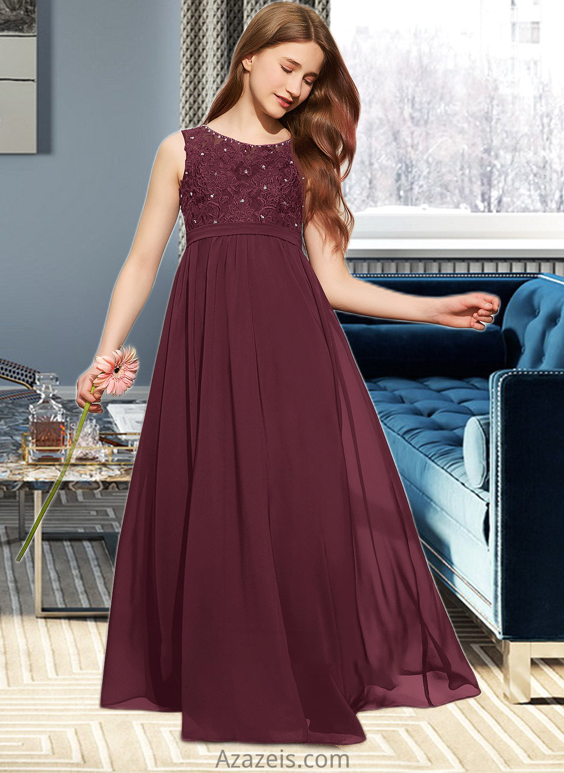 Carolyn A-Line Scoop Neck Floor-Length Chiffon Lace Junior Bridesmaid Dress With Beading Sequins DFP0013572