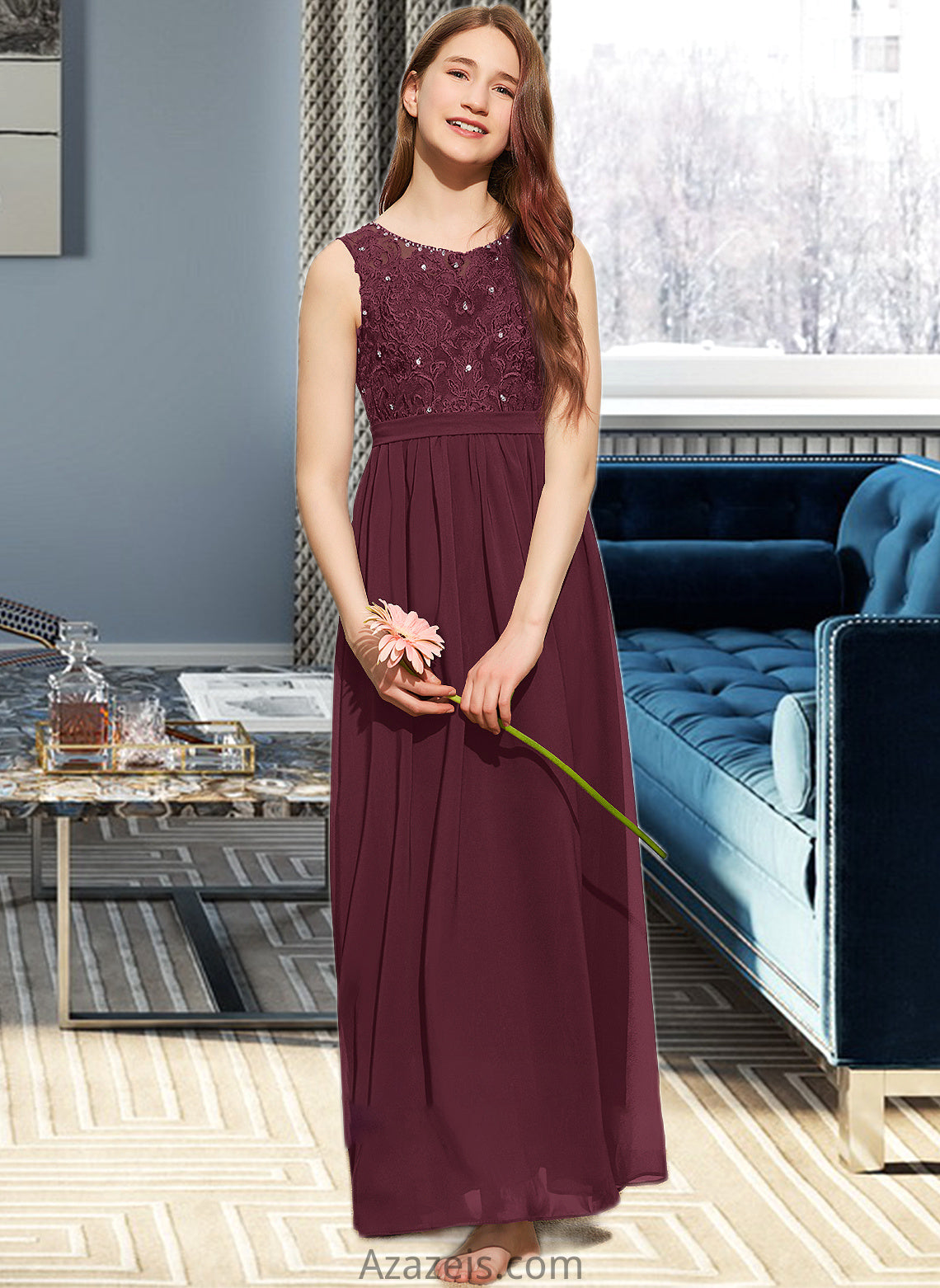 Carolyn A-Line Scoop Neck Floor-Length Chiffon Lace Junior Bridesmaid Dress With Beading Sequins DFP0013572