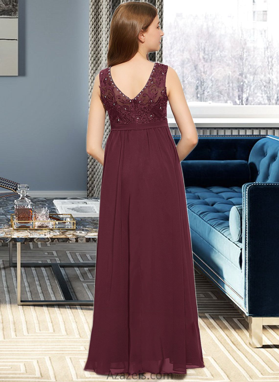 Carolyn A-Line Scoop Neck Floor-Length Chiffon Lace Junior Bridesmaid Dress With Beading Sequins DFP0013572