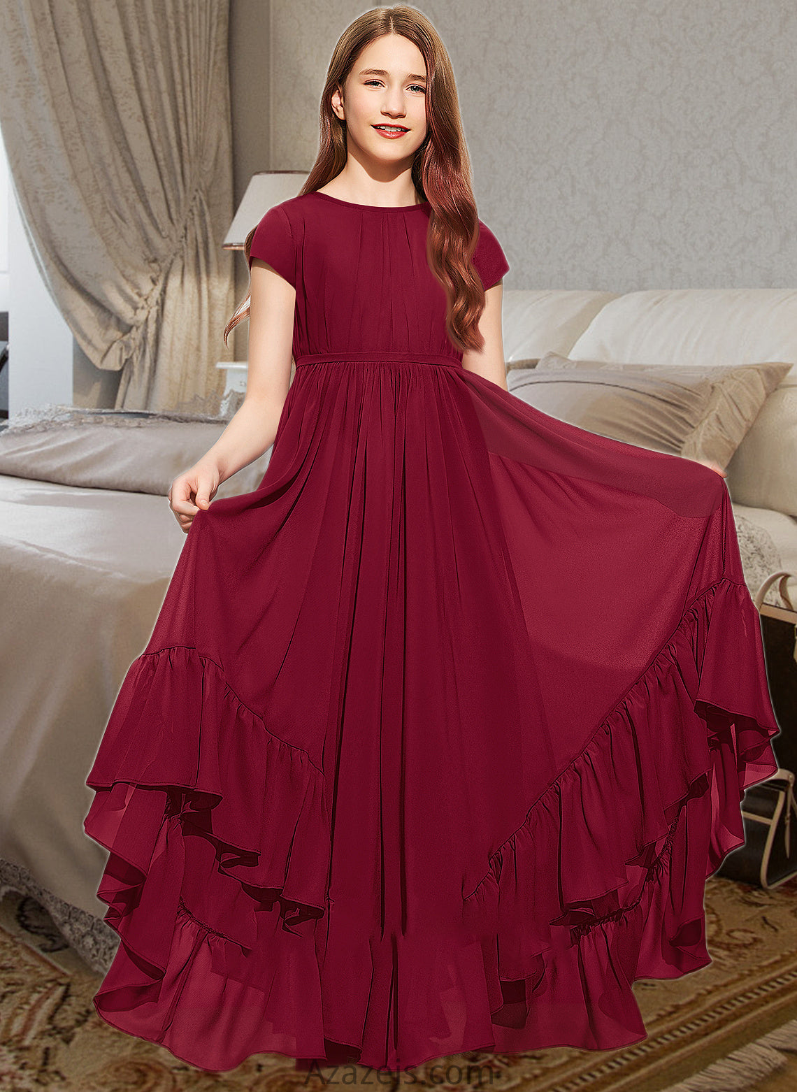 Mila A-Line Scoop Neck Floor-Length Chiffon Junior Bridesmaid Dress With Appliques Lace Bow(s) Cascading Ruffles DFP0013573