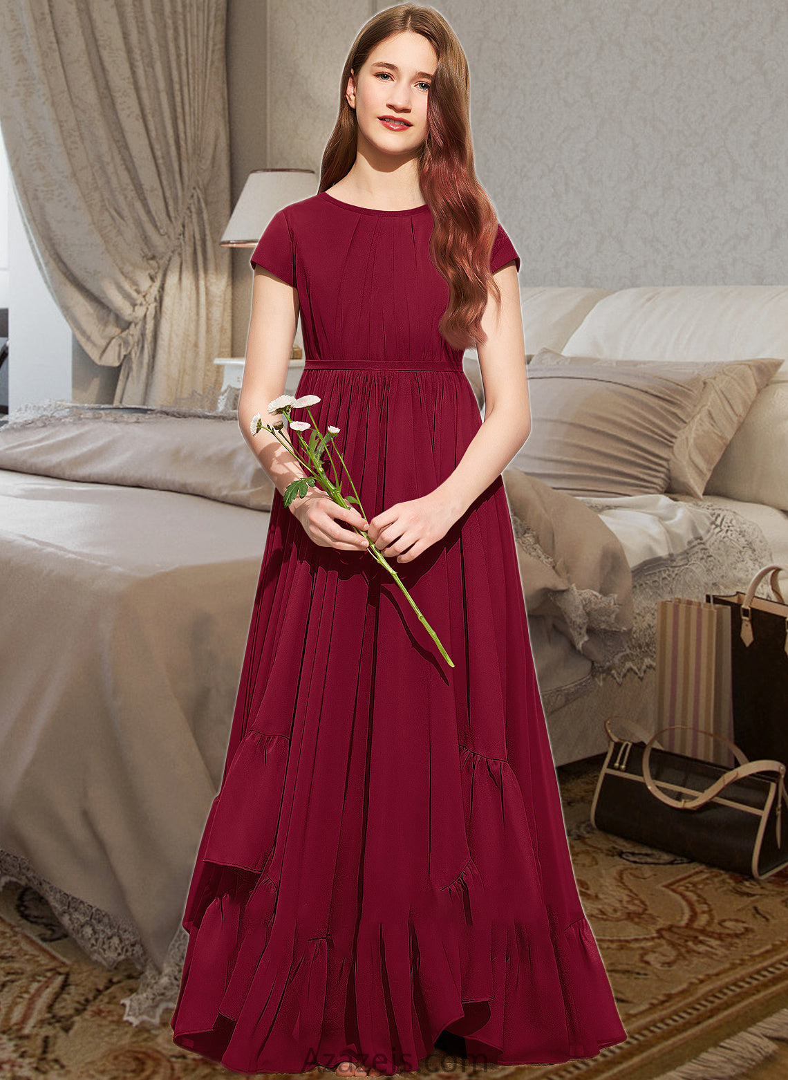 Mila A-Line Scoop Neck Floor-Length Chiffon Junior Bridesmaid Dress With Appliques Lace Bow(s) Cascading Ruffles DFP0013573