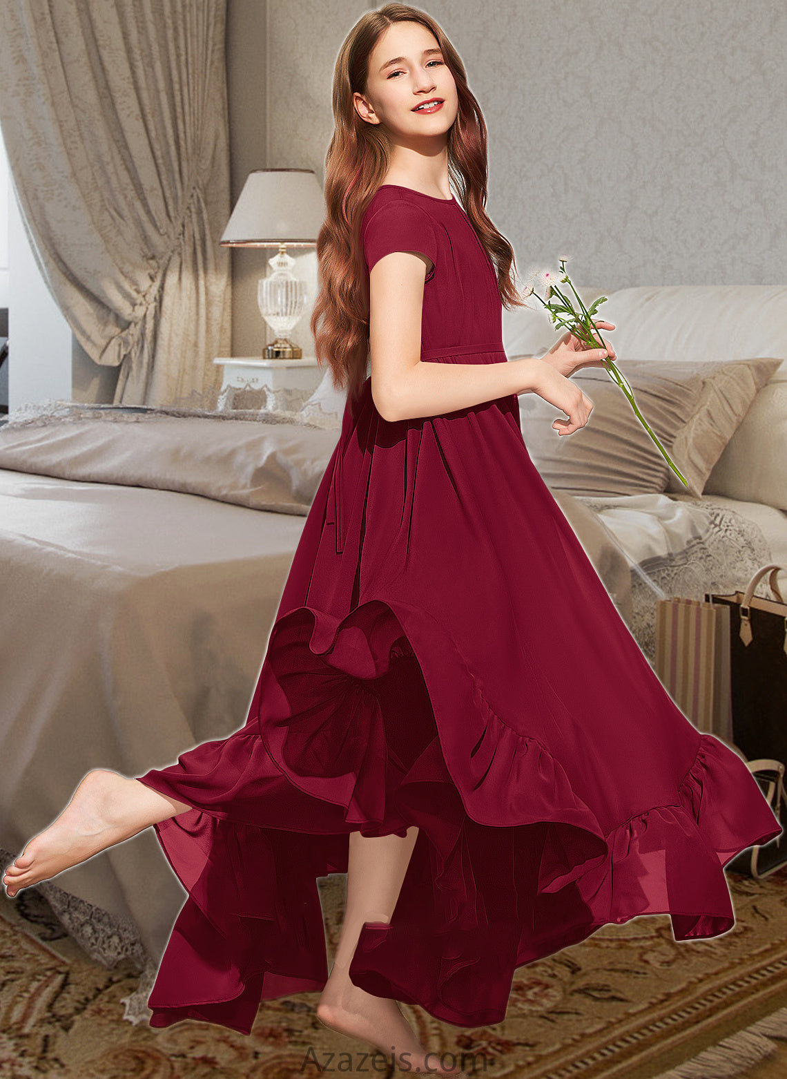 Mila A-Line Scoop Neck Floor-Length Chiffon Junior Bridesmaid Dress With Appliques Lace Bow(s) Cascading Ruffles DFP0013573