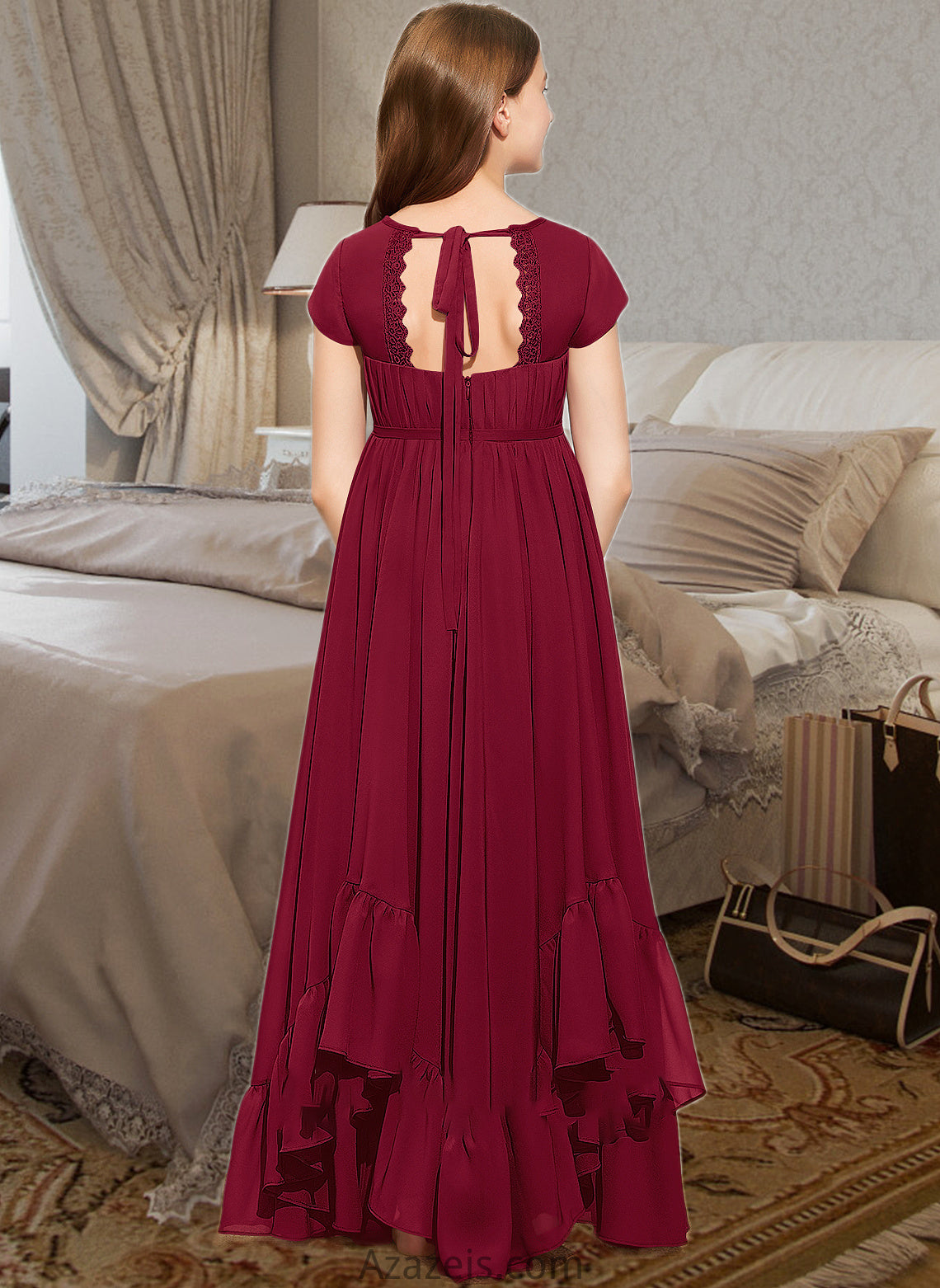 Mila A-Line Scoop Neck Floor-Length Chiffon Junior Bridesmaid Dress With Appliques Lace Bow(s) Cascading Ruffles DFP0013573