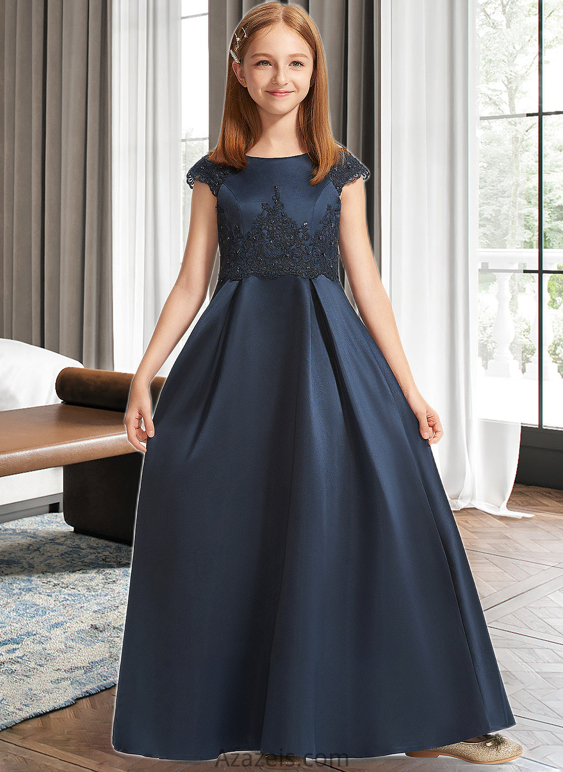 Nellie A-Line Scoop Neck Floor-Length Satin Lace Junior Bridesmaid Dress With Beading Sequins Bow(s) DFP0013574