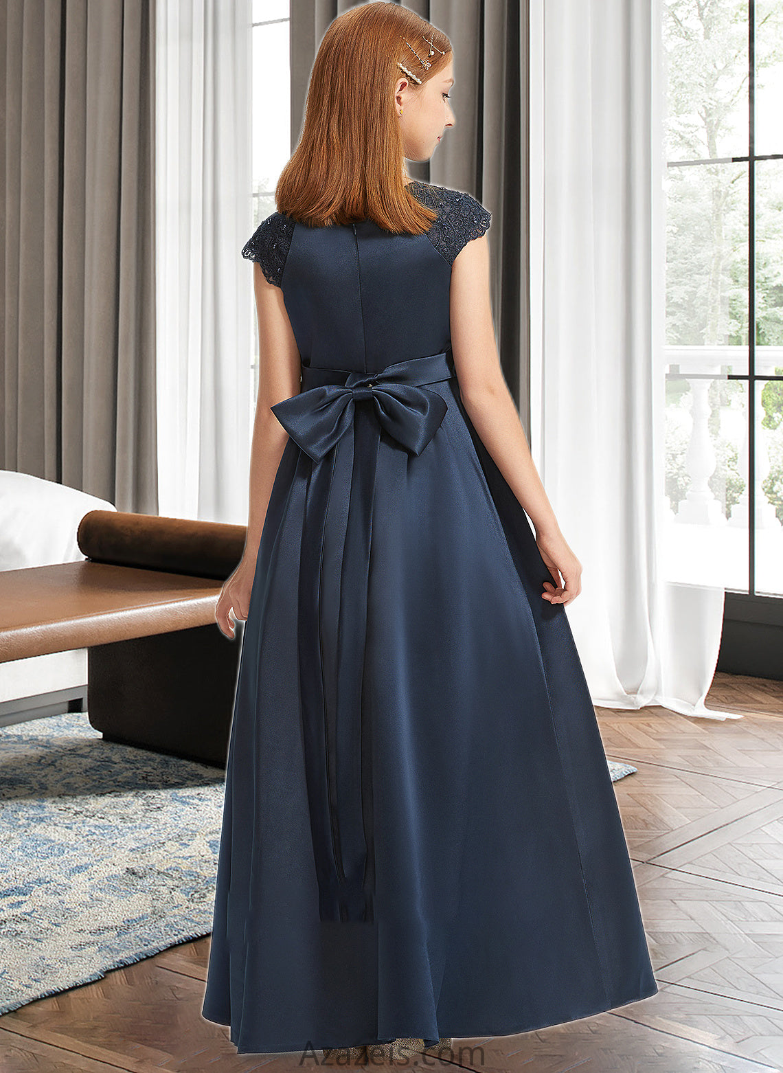 Nellie A-Line Scoop Neck Floor-Length Satin Lace Junior Bridesmaid Dress With Beading Sequins Bow(s) DFP0013574