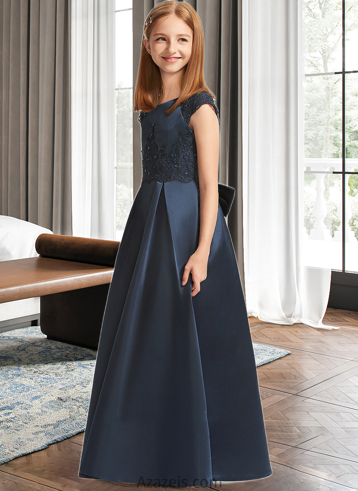 Nellie A-Line Scoop Neck Floor-Length Satin Lace Junior Bridesmaid Dress With Beading Sequins Bow(s) DFP0013574