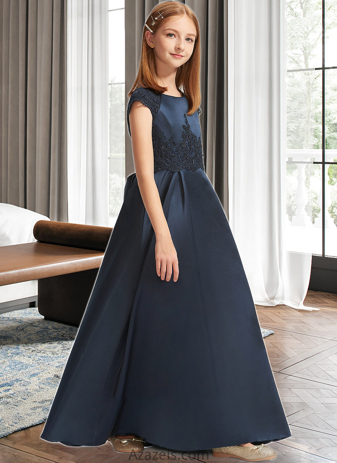 Nellie A-Line Scoop Neck Floor-Length Satin Lace Junior Bridesmaid Dress With Beading Sequins Bow(s) DFP0013574