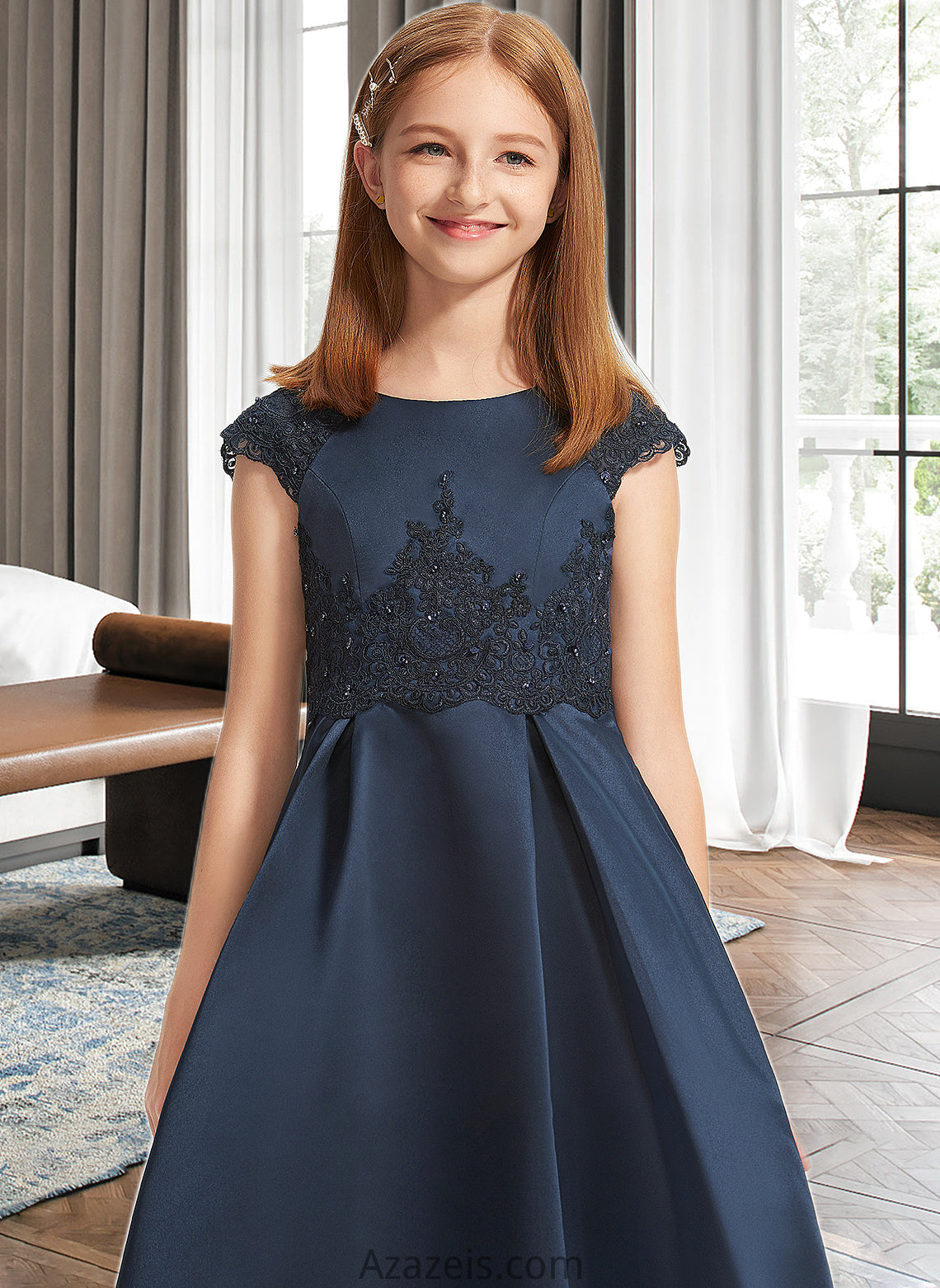 Nellie A-Line Scoop Neck Floor-Length Satin Lace Junior Bridesmaid Dress With Beading Sequins Bow(s) DFP0013574