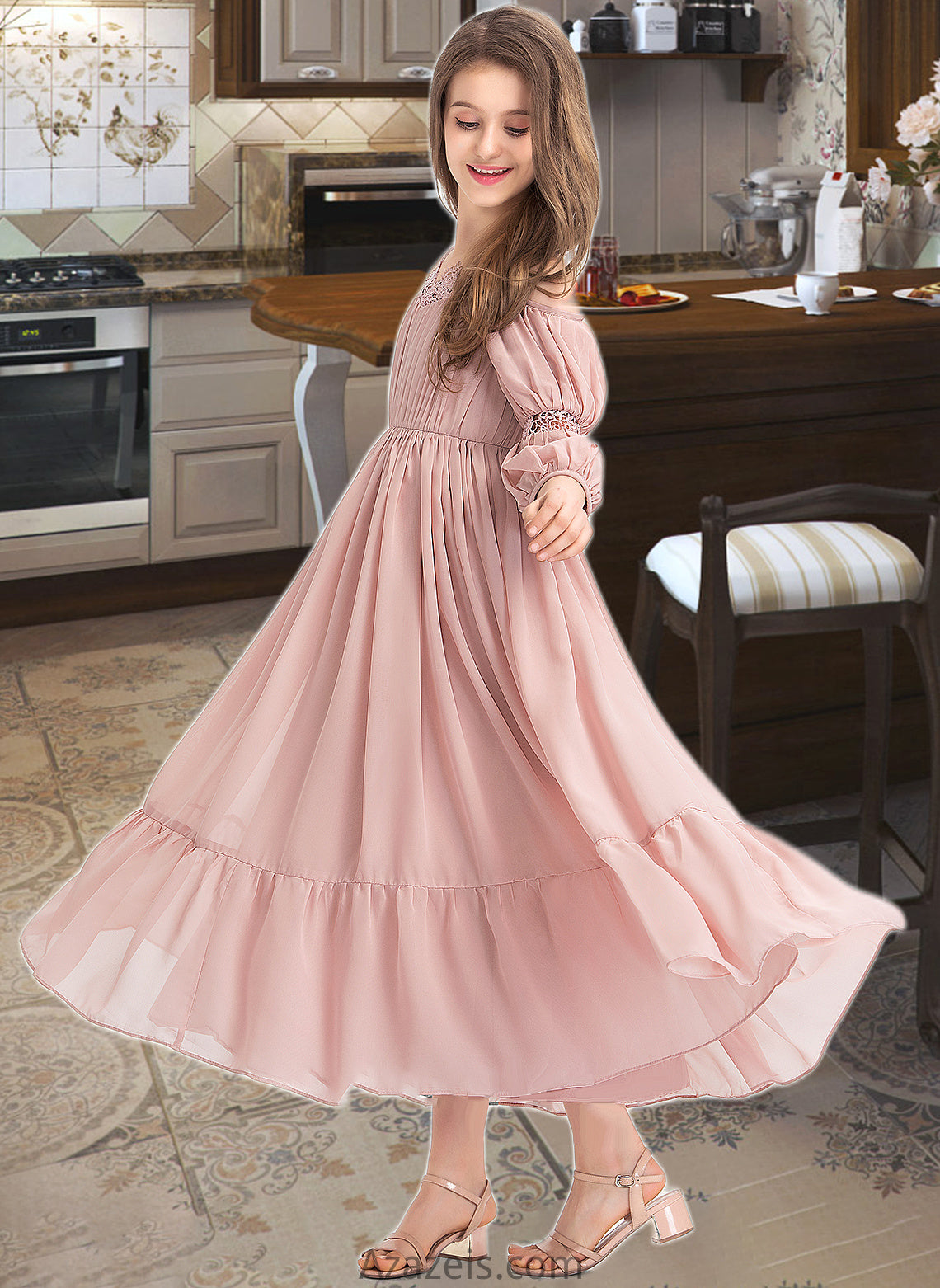 Desirae A-Line Square Neckline Ankle-Length Chiffon Junior Bridesmaid Dress With Ruffle Lace DFP0013575