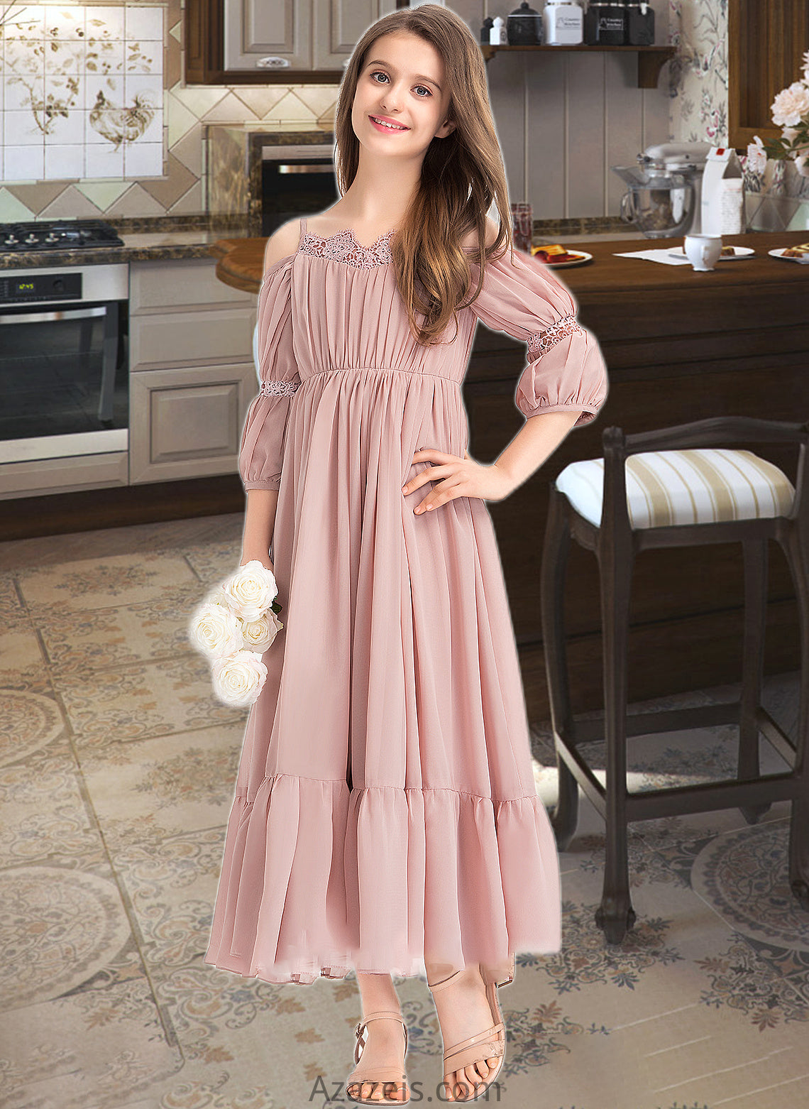 Desirae A-Line Square Neckline Ankle-Length Chiffon Junior Bridesmaid Dress With Ruffle Lace DFP0013575