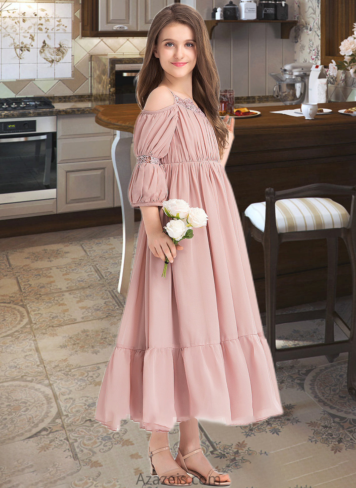 Desirae A-Line Square Neckline Ankle-Length Chiffon Junior Bridesmaid Dress With Ruffle Lace DFP0013575