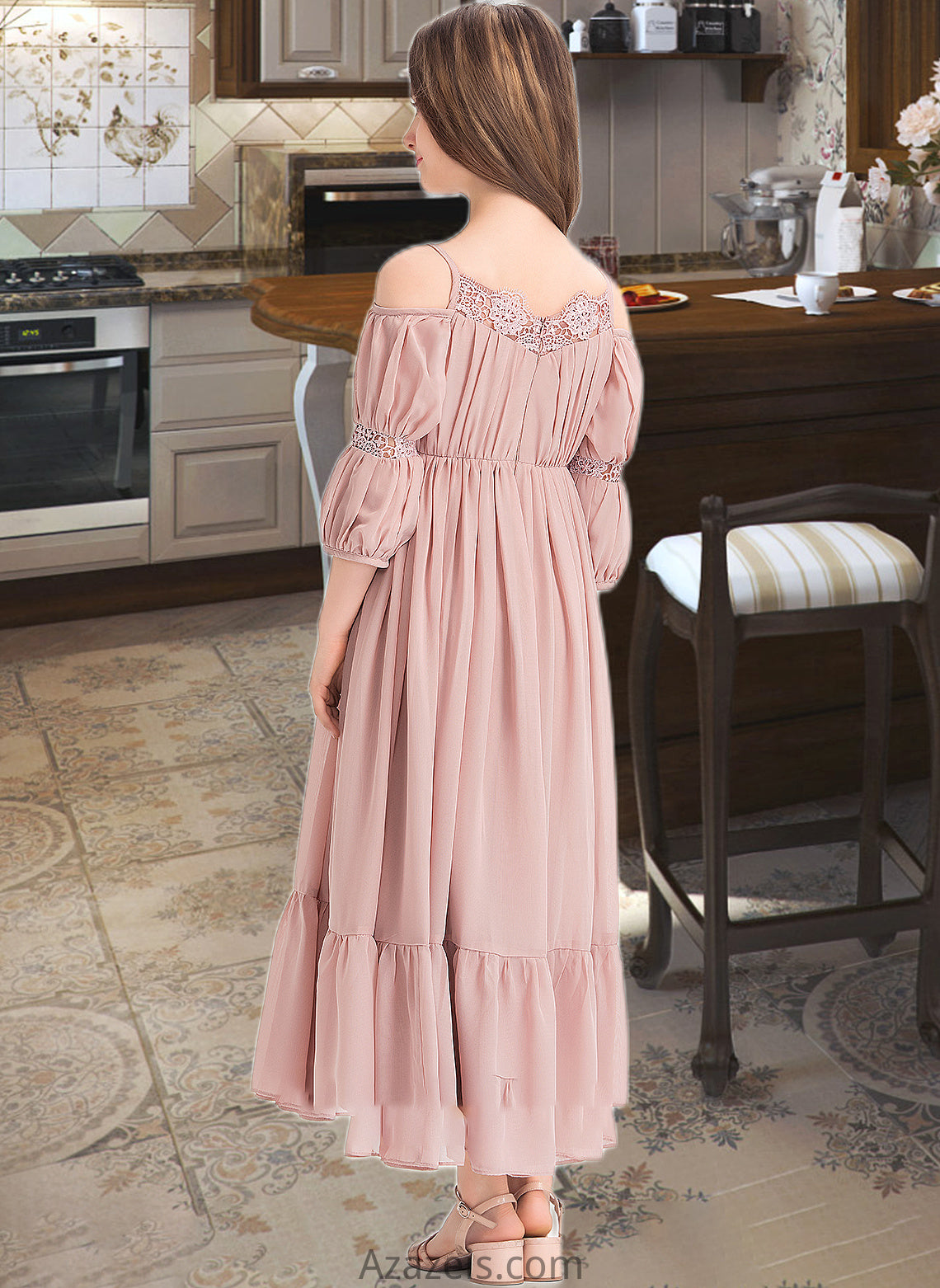 Desirae A-Line Square Neckline Ankle-Length Chiffon Junior Bridesmaid Dress With Ruffle Lace DFP0013575
