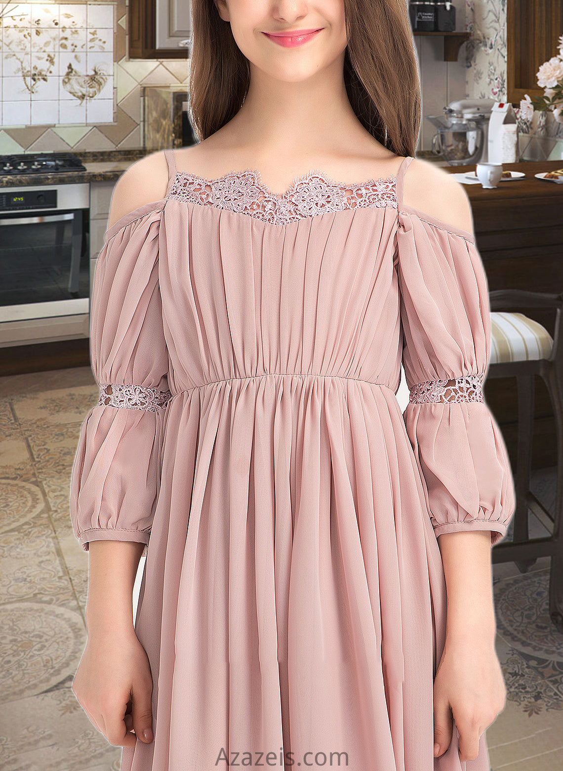 Desirae A-Line Square Neckline Ankle-Length Chiffon Junior Bridesmaid Dress With Ruffle Lace DFP0013575