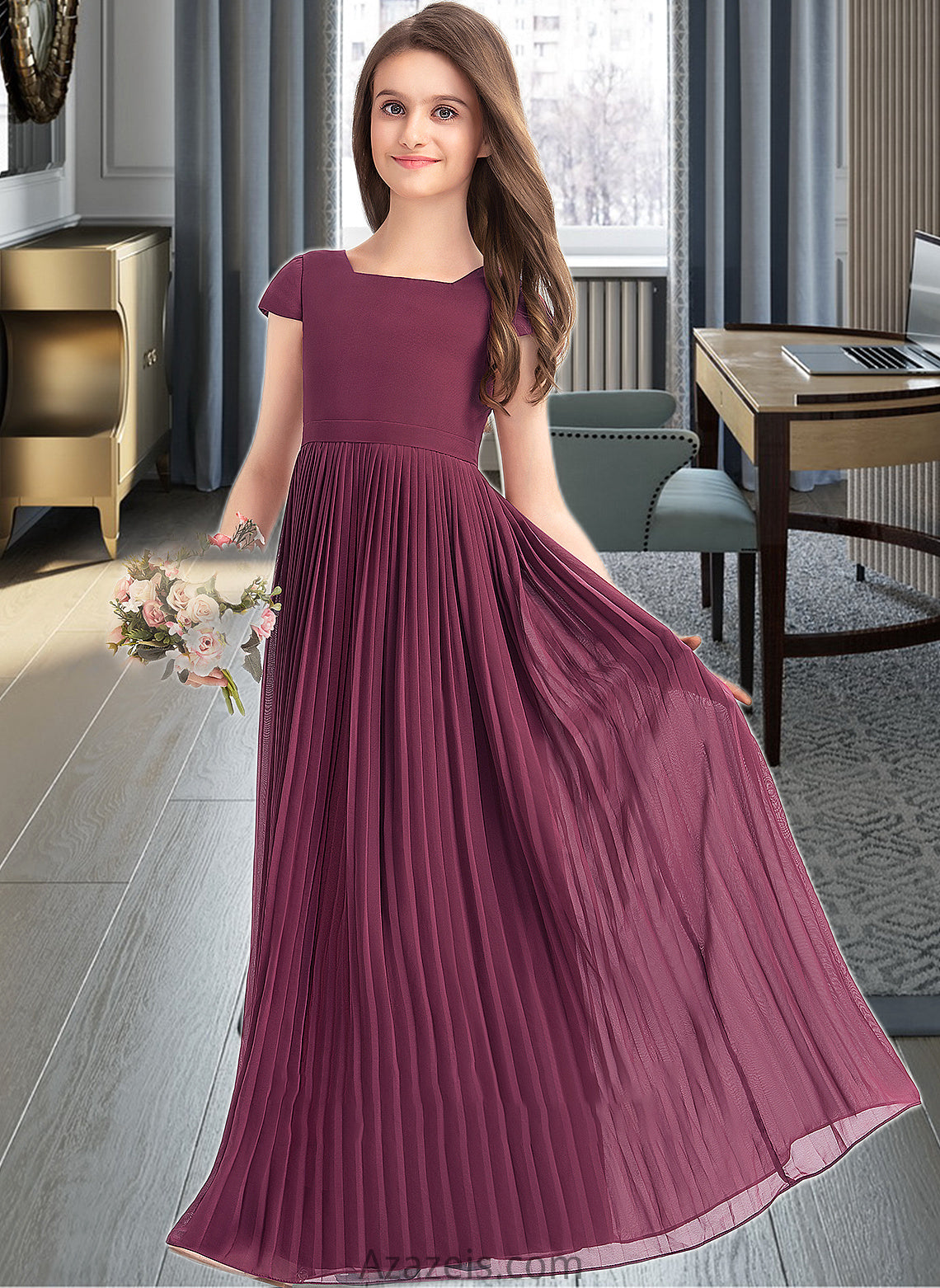 Laney A-Line Square Neckline Floor-Length Chiffon Junior Bridesmaid Dress With Lace Bow(s) Pleated DFP0013576