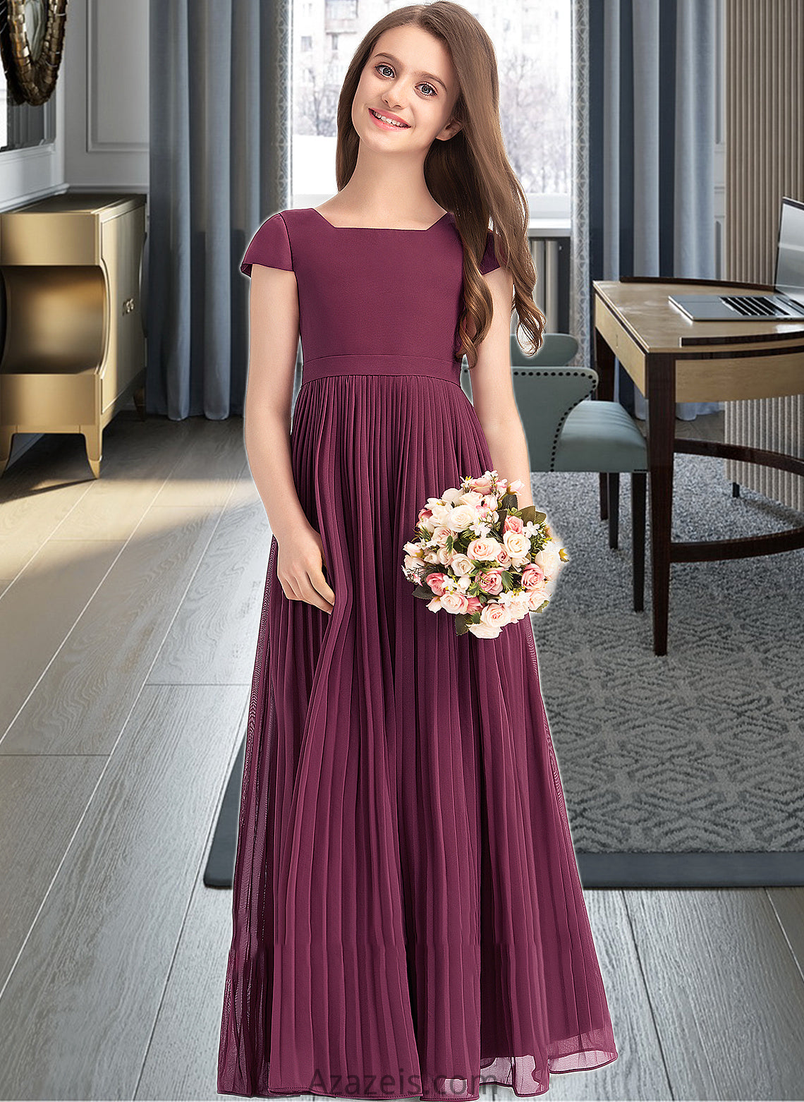 Laney A-Line Square Neckline Floor-Length Chiffon Junior Bridesmaid Dress With Lace Bow(s) Pleated DFP0013576