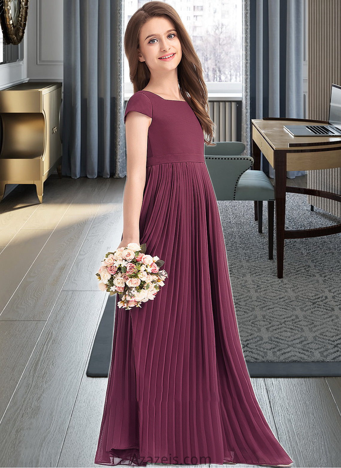 Laney A-Line Square Neckline Floor-Length Chiffon Junior Bridesmaid Dress With Lace Bow(s) Pleated DFP0013576