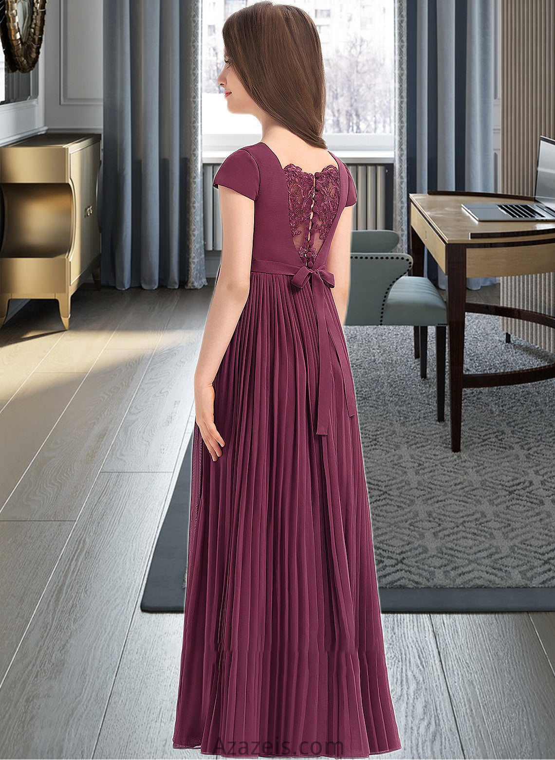 Laney A-Line Square Neckline Floor-Length Chiffon Junior Bridesmaid Dress With Lace Bow(s) Pleated DFP0013576