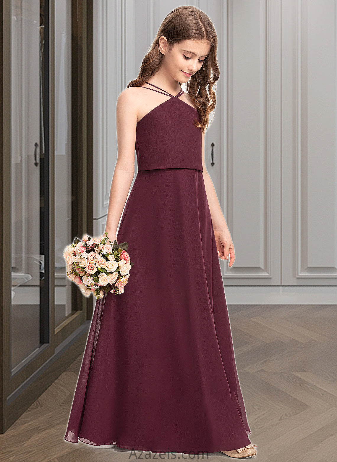 Rory A-Line V-neck Floor-Length Chiffon Junior Bridesmaid Dress DFP0013577