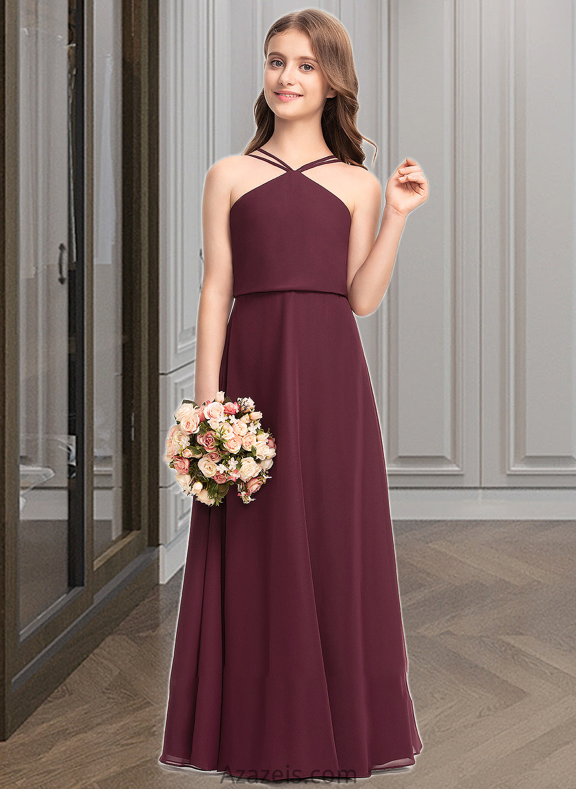 Rory A-Line V-neck Floor-Length Chiffon Junior Bridesmaid Dress DFP0013577