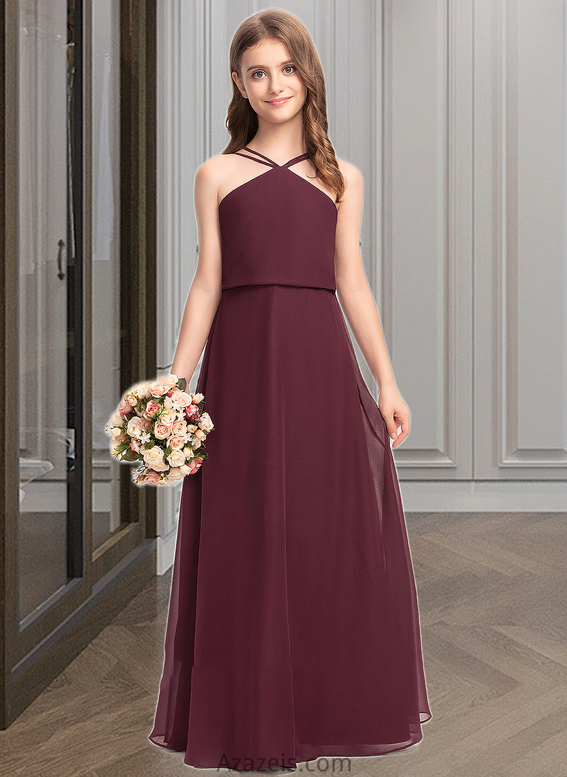 Rory A-Line V-neck Floor-Length Chiffon Junior Bridesmaid Dress DFP0013577