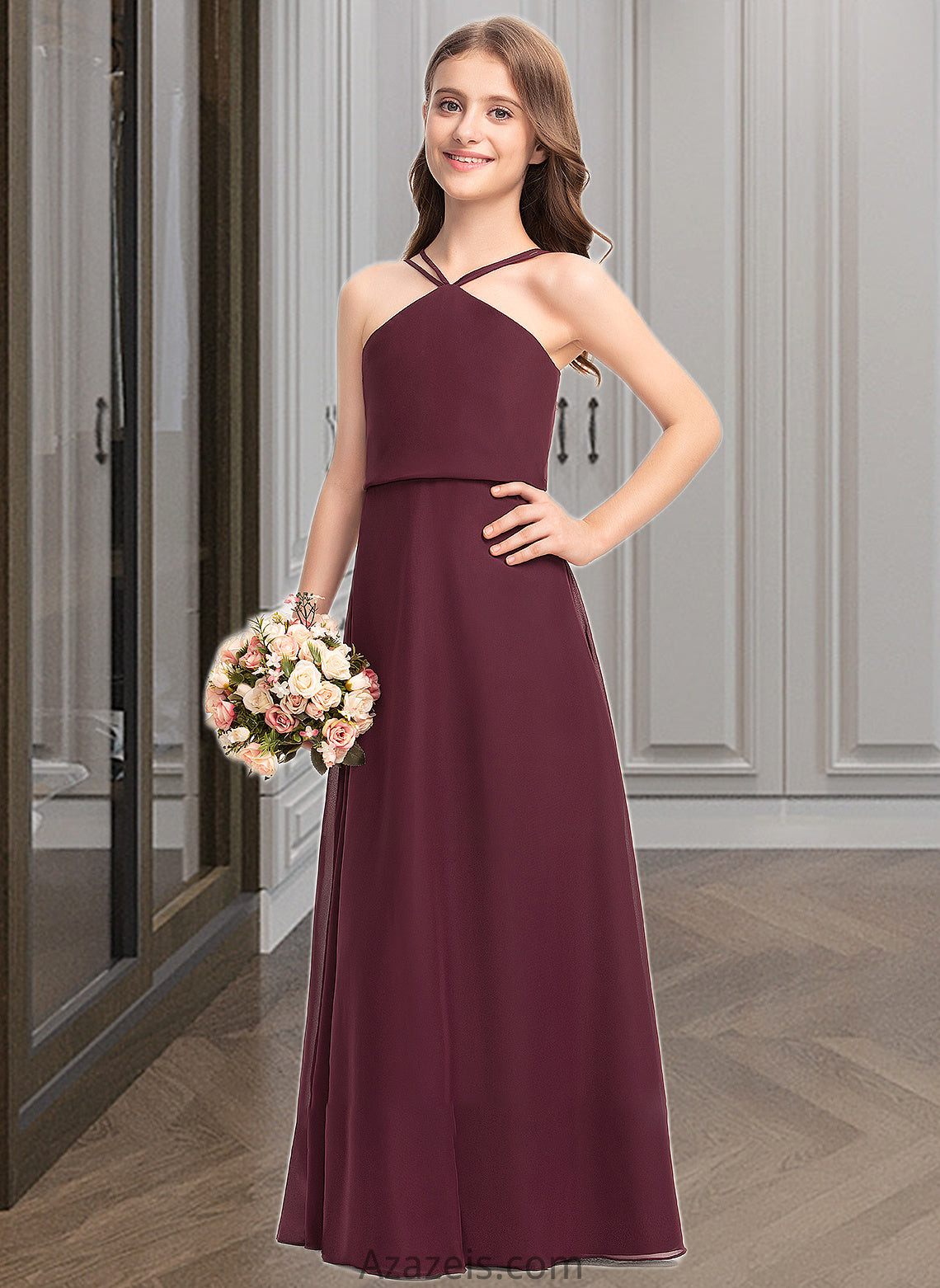 Rory A-Line V-neck Floor-Length Chiffon Junior Bridesmaid Dress DFP0013577