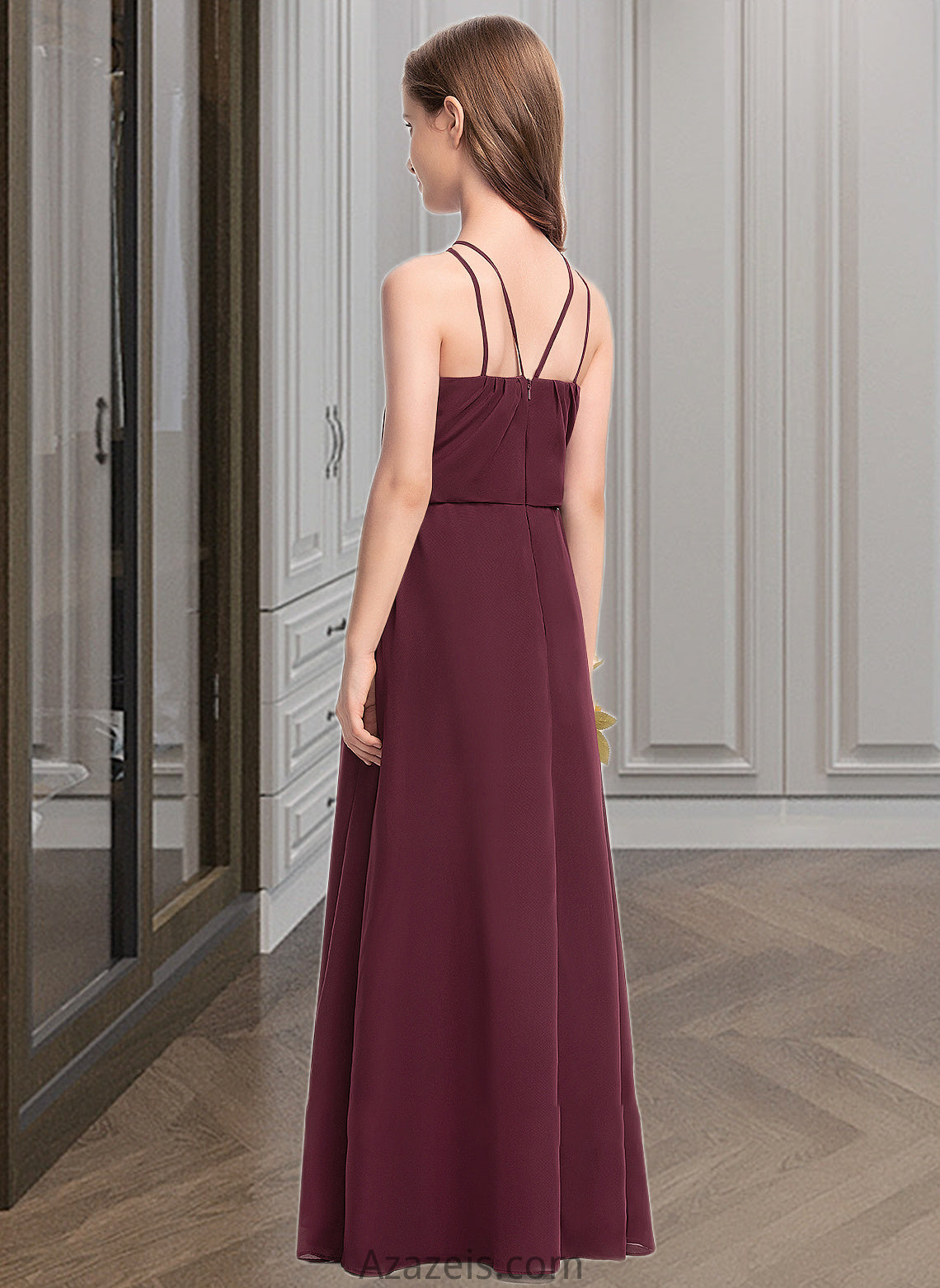 Rory A-Line V-neck Floor-Length Chiffon Junior Bridesmaid Dress DFP0013577