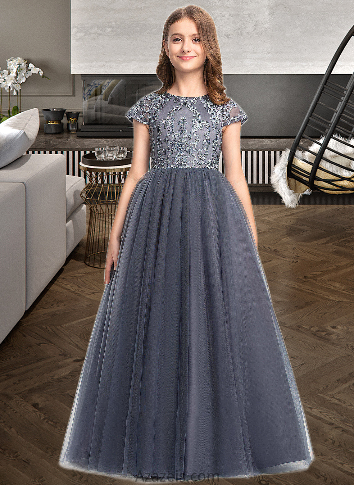 Frederica Ball-Gown/Princess Scoop Neck Floor-Length Tulle Lace Junior Bridesmaid Dress DFP0013578