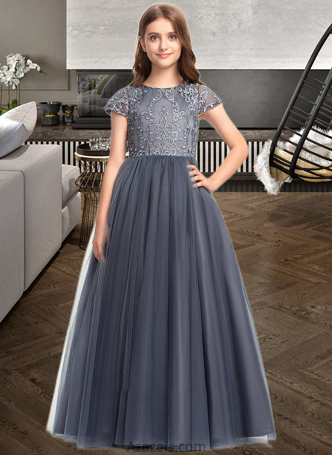 Frederica Ball-Gown/Princess Scoop Neck Floor-Length Tulle Lace Junior Bridesmaid Dress DFP0013578