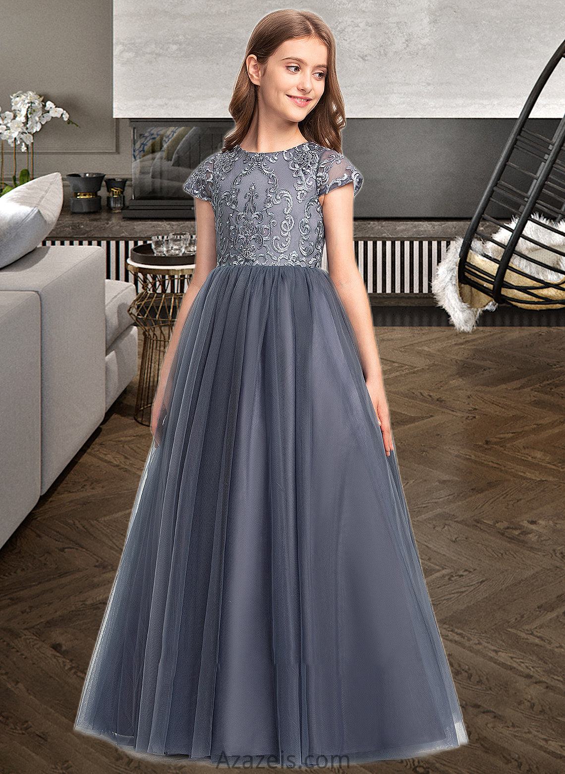 Frederica Ball-Gown/Princess Scoop Neck Floor-Length Tulle Lace Junior Bridesmaid Dress DFP0013578