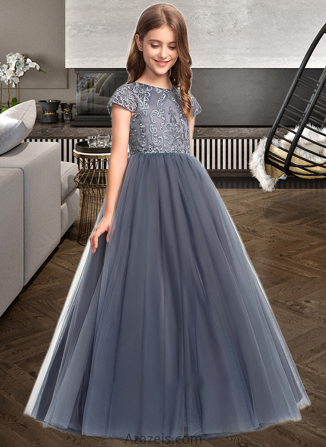 Frederica Ball-Gown/Princess Scoop Neck Floor-Length Tulle Lace Junior Bridesmaid Dress DFP0013578