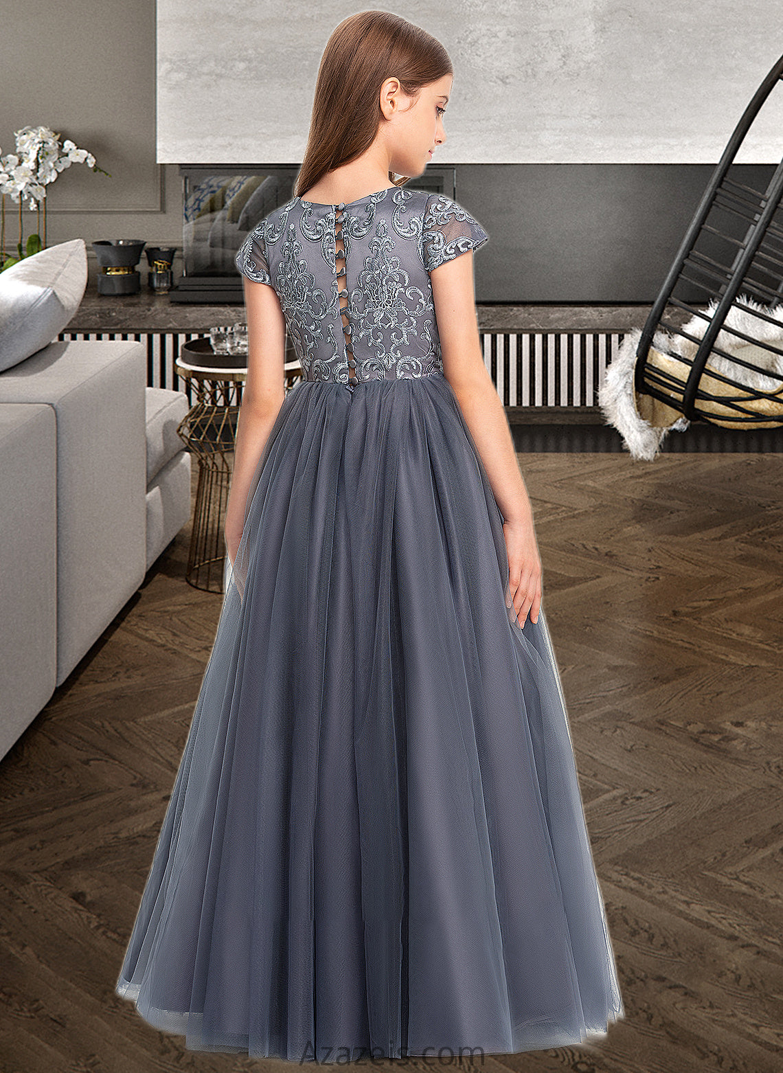 Frederica Ball-Gown/Princess Scoop Neck Floor-Length Tulle Lace Junior Bridesmaid Dress DFP0013578