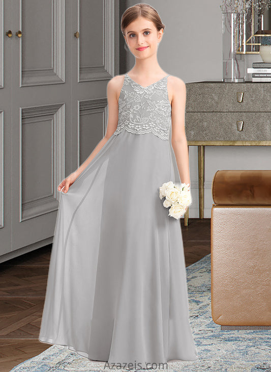 Elisa A-Line V-neck Floor-Length Chiffon Lace Junior Bridesmaid Dress DFP0013579