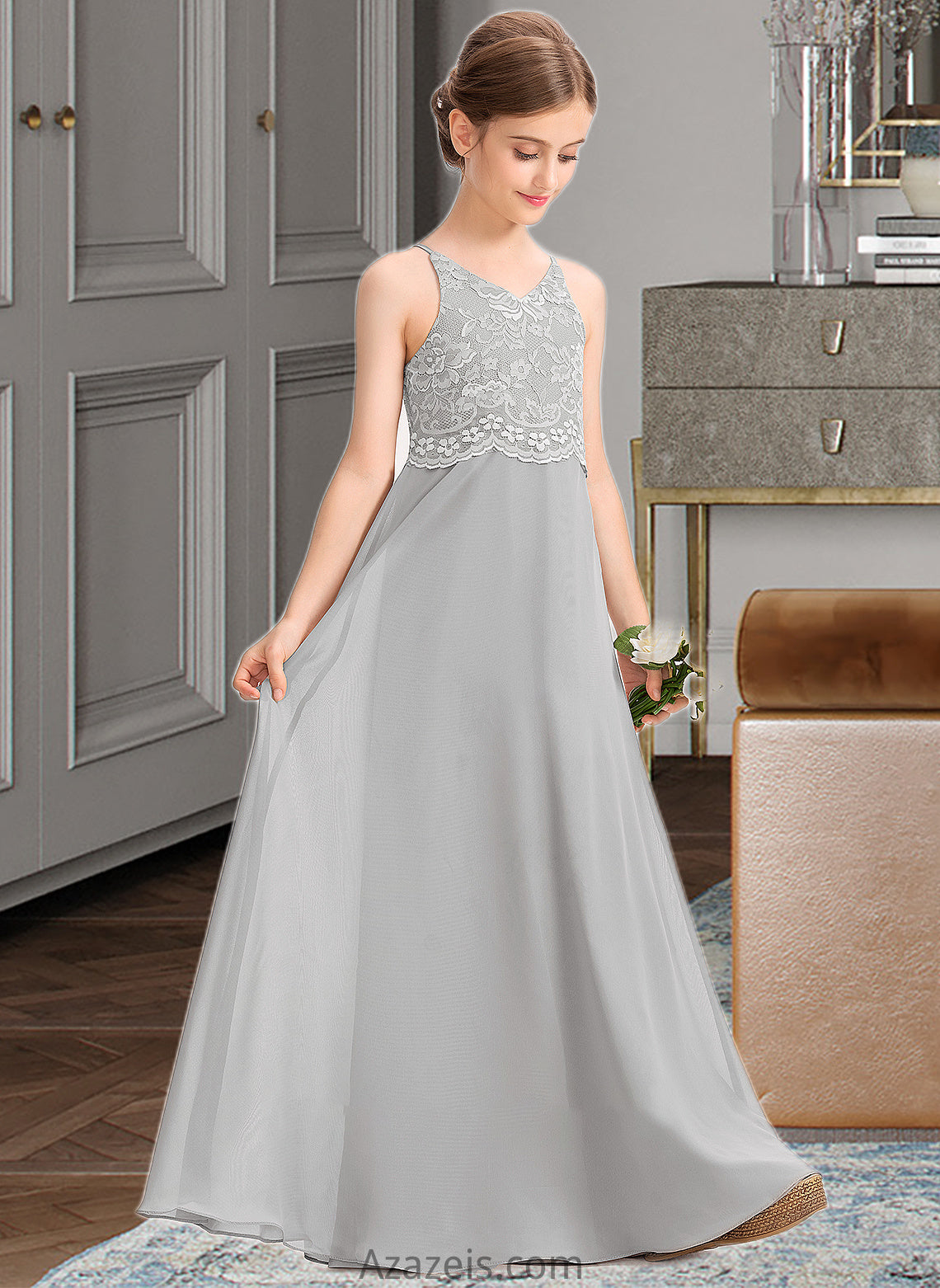 Elisa A-Line V-neck Floor-Length Chiffon Lace Junior Bridesmaid Dress DFP0013579