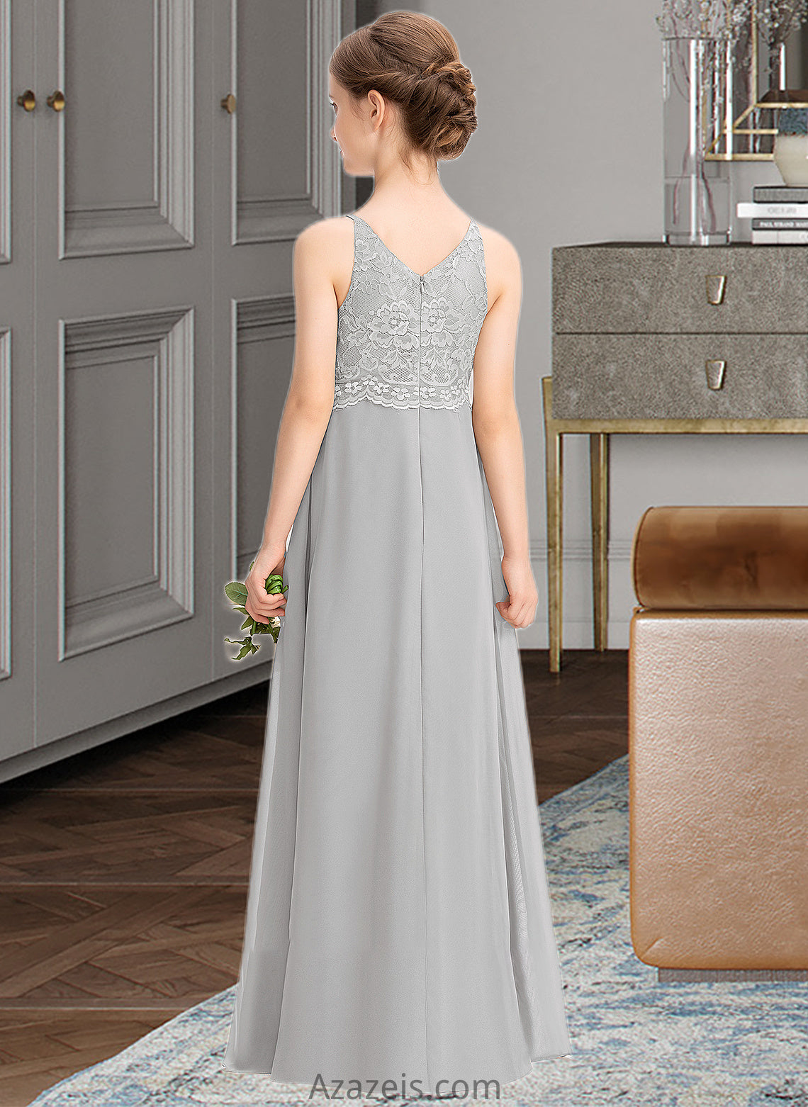 Elisa A-Line V-neck Floor-Length Chiffon Lace Junior Bridesmaid Dress DFP0013579