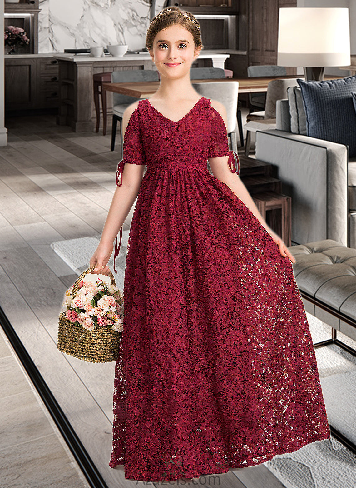 Louise A-Line V-neck Floor-Length Lace Junior Bridesmaid Dress With Ruffle Bow(s) DFP0013581