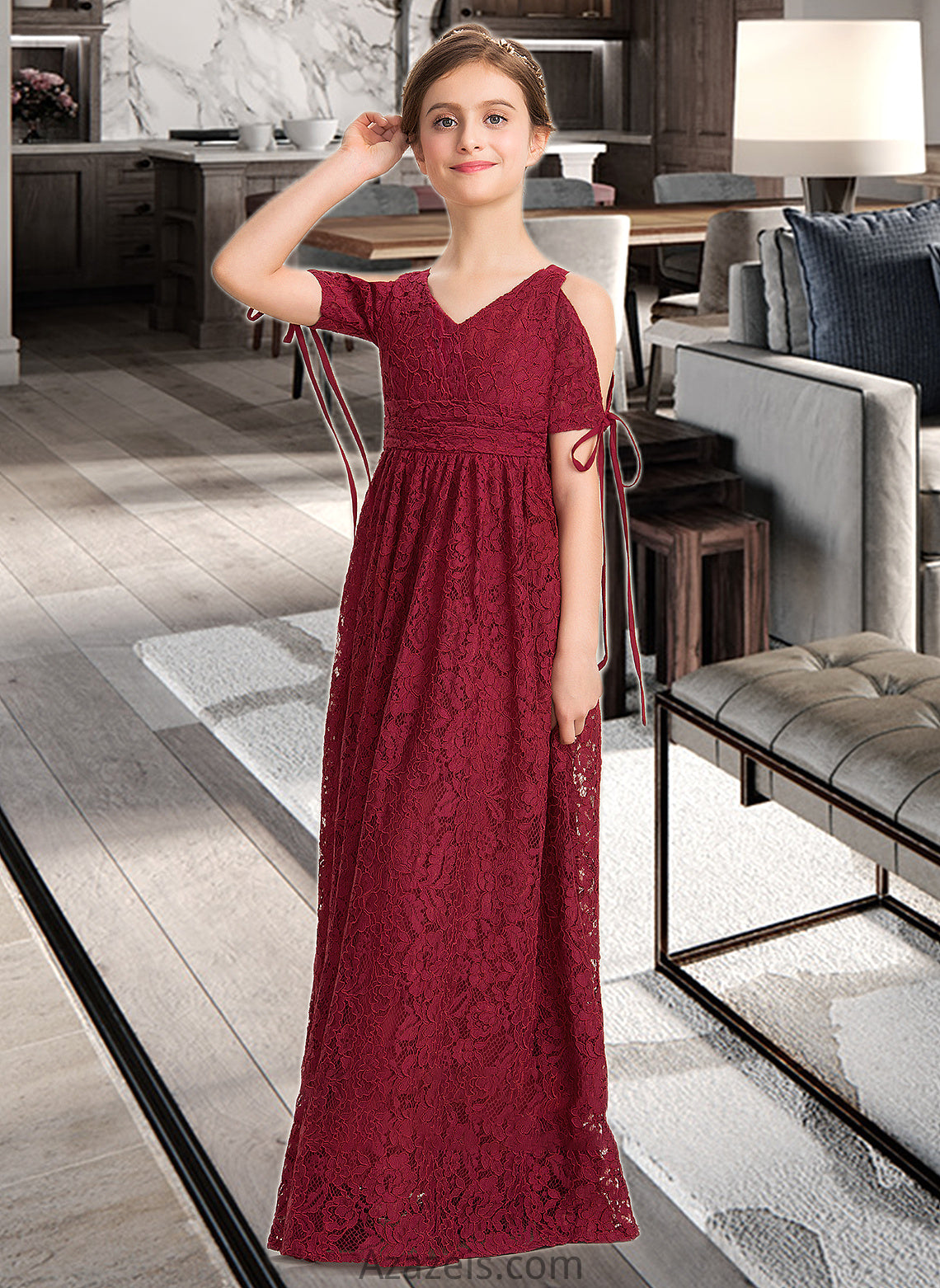 Louise A-Line V-neck Floor-Length Lace Junior Bridesmaid Dress With Ruffle Bow(s) DFP0013581