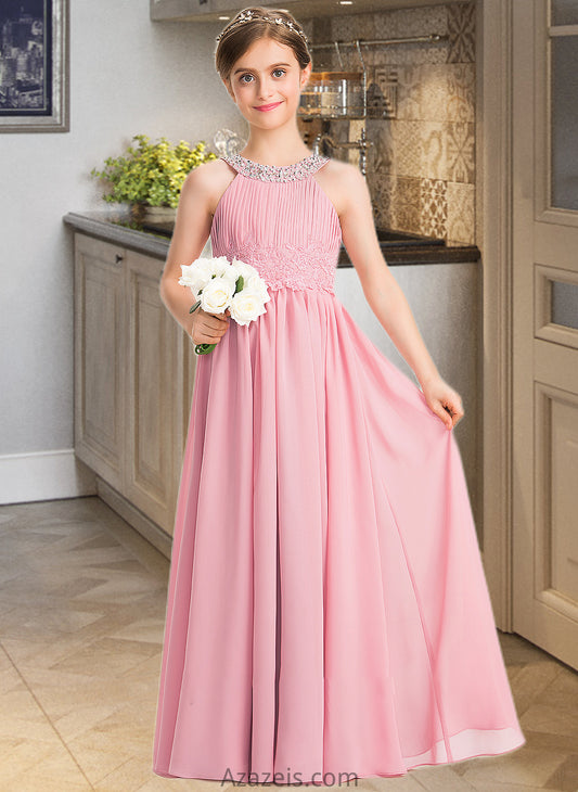 Brylee A-Line Scoop Neck Floor-Length Chiffon Lace Junior Bridesmaid Dress With Ruffle Beading Sequins DFP0013582